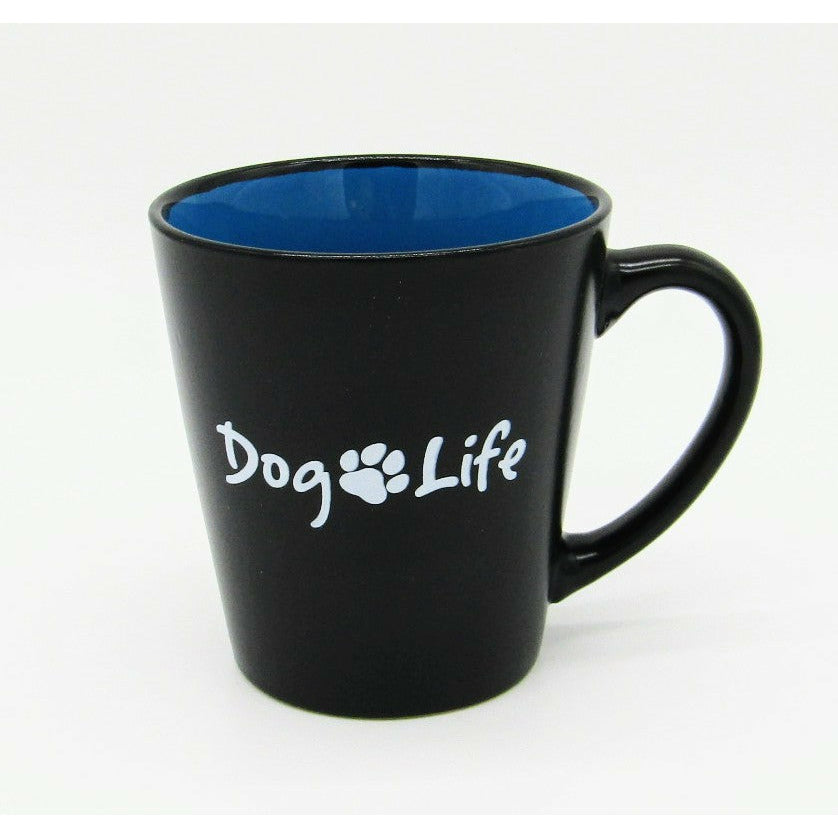 Black Dog Life coffee mug with blue inside.