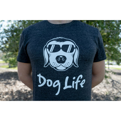 Charcoal colored Dog Life tee shirt with Classic Dog Life logo worn by young man for sale. Torso only shown